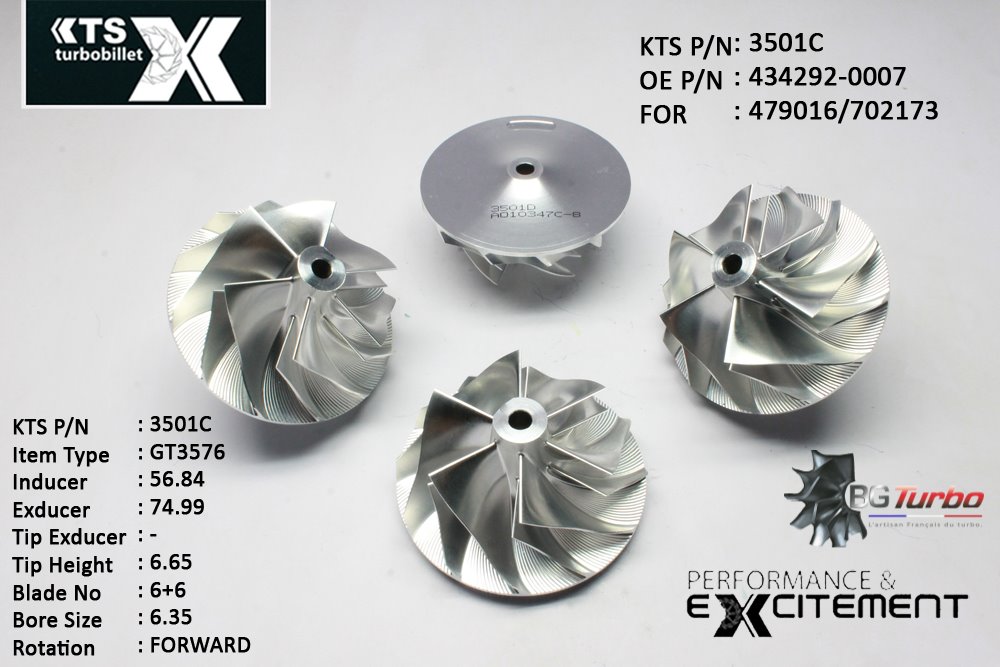 Turbo ROUE FORGÉE MFS PERFORMANCE - 6+6 PALES - INDUCER : 56,84 - EXDUCER : 74,99 - TYPE : GT3576ANGLE : 60° - ROTATION : Forward - SUPER BACK : 4,57 - BORE SIZE : 6,35
